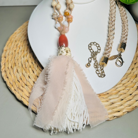 CHICO’S Coral and Cream colored double-strand corded beaded tassel necklace - Picture 5 of 13